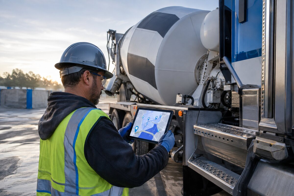 Concrete driver reviewing recovery destinations beside a mixer truck.
