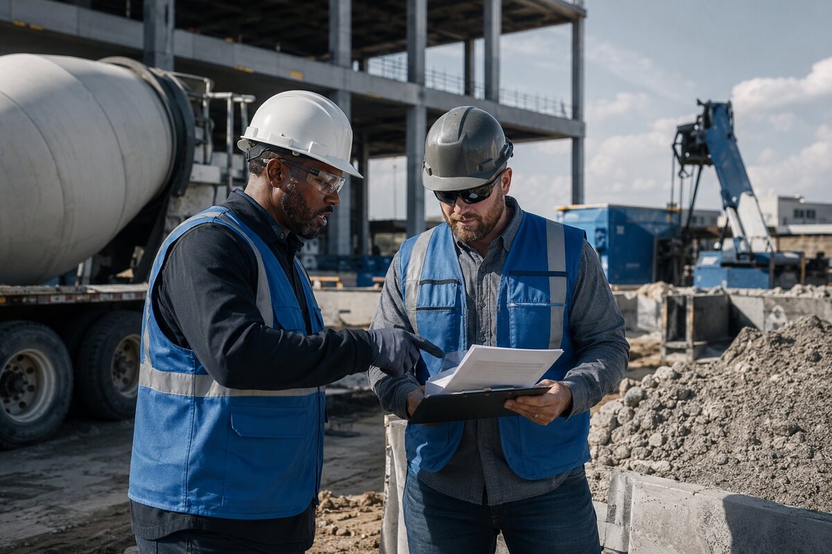 Construction professionals coordinating concrete operations at a jobsite.