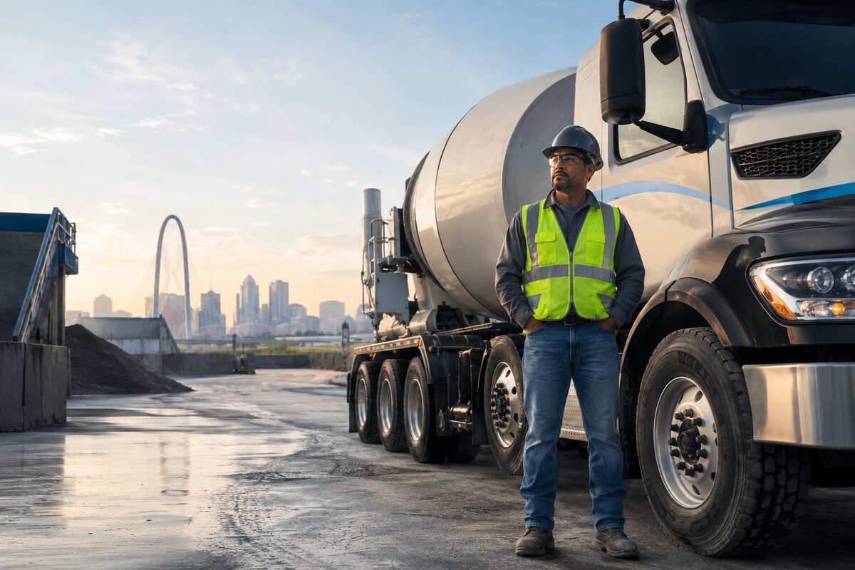 Concrete driver standing beside a mixer truck at a recovery destination.