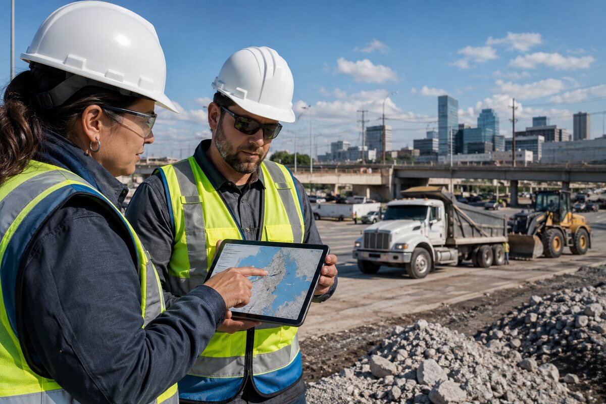 Public-works professionals reviewing recovery information near municipal infrastructure.